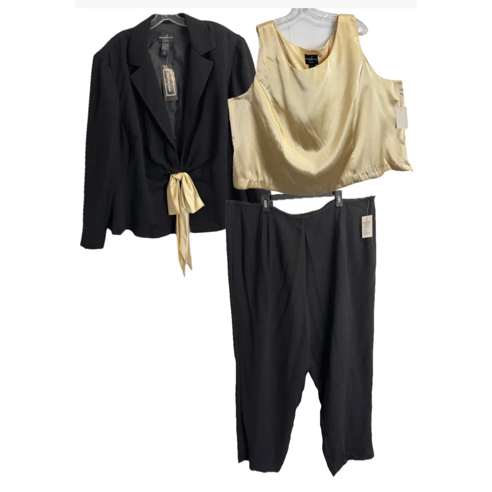 Positive Attitude 3 Piece Pant Suit Set Black Gold Blazer‎ Trousers Top Size 26W